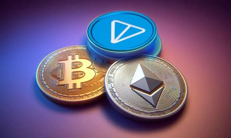 تصویر ارزهای تون کوین، بیت کوین و اتریوم در کنارهمپ